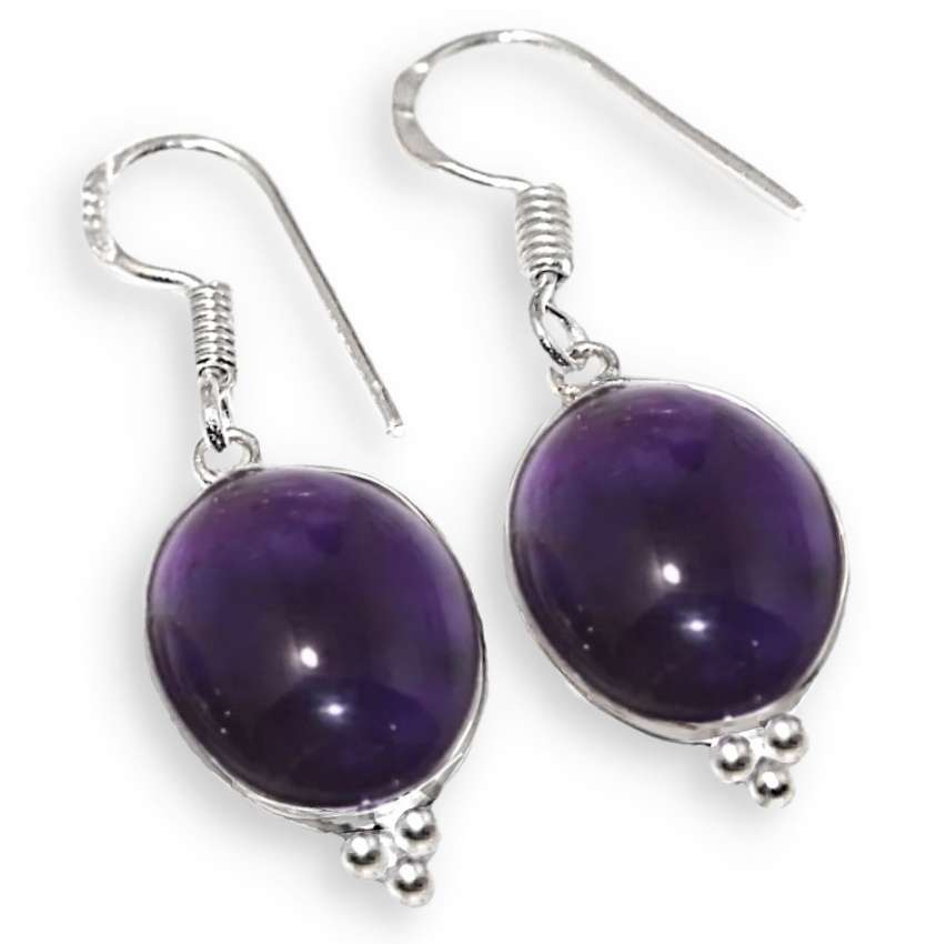 Natural Purple Amethyst Oval Cab set in .925 Sterling Silver Plated Handmade Drop Dangle Earrings
