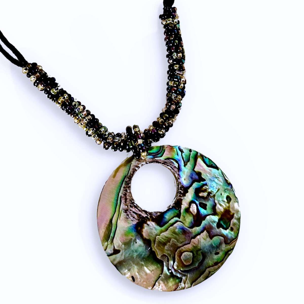 New Zealand Abalone Shell and Mother of Pearl with  Beadwork and Black Cord Handmade Necklace
