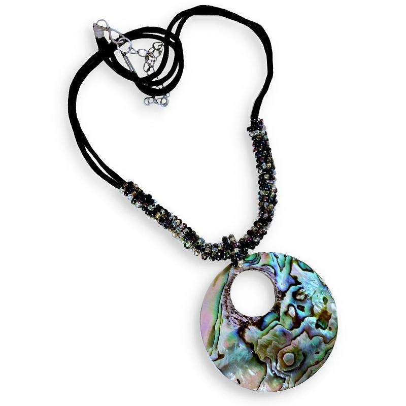 New Zealand Abalone Shell and Mother of Pearl with  Beadwork and Black Cord Handmade Necklace
