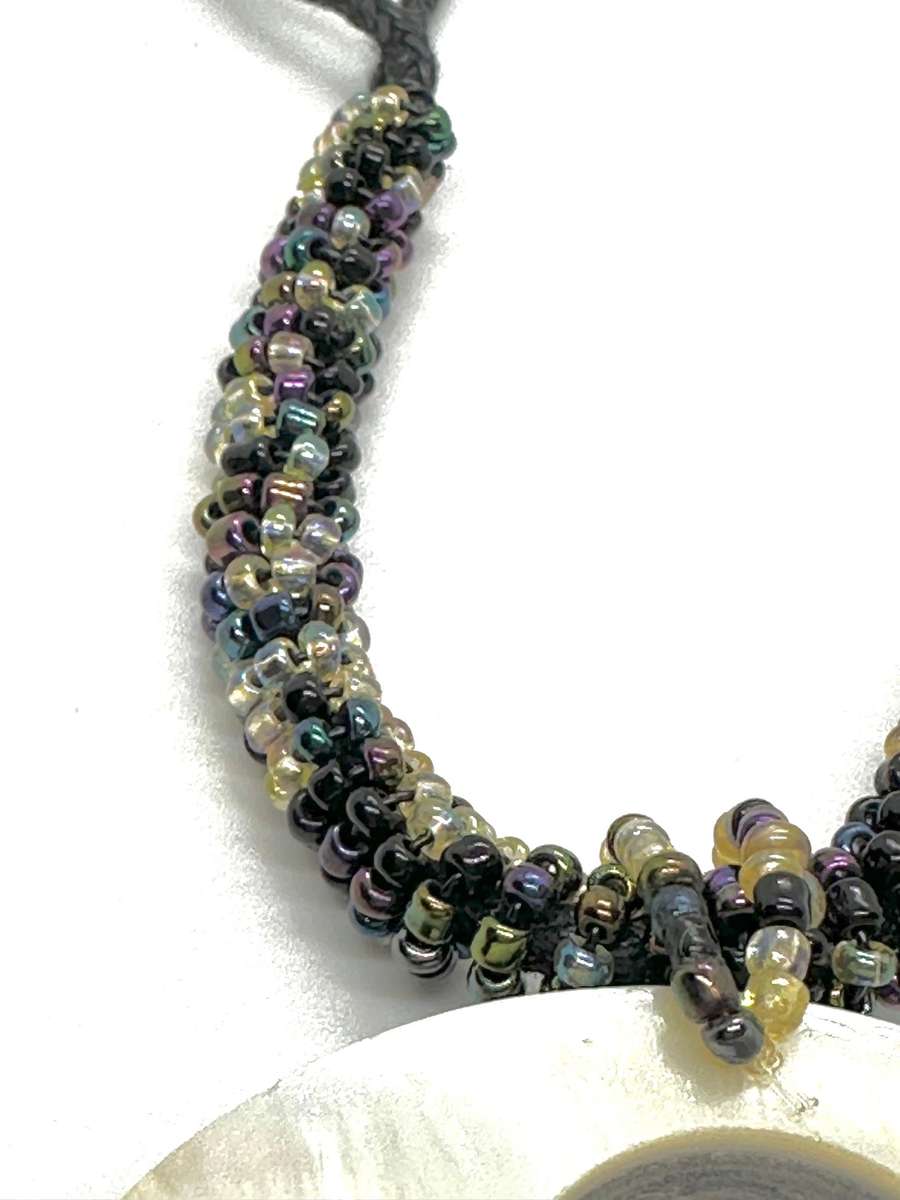 New Zealand Abalone Shell and Mother of Pearl with  Beadwork and Black Cord Handmade Necklace
