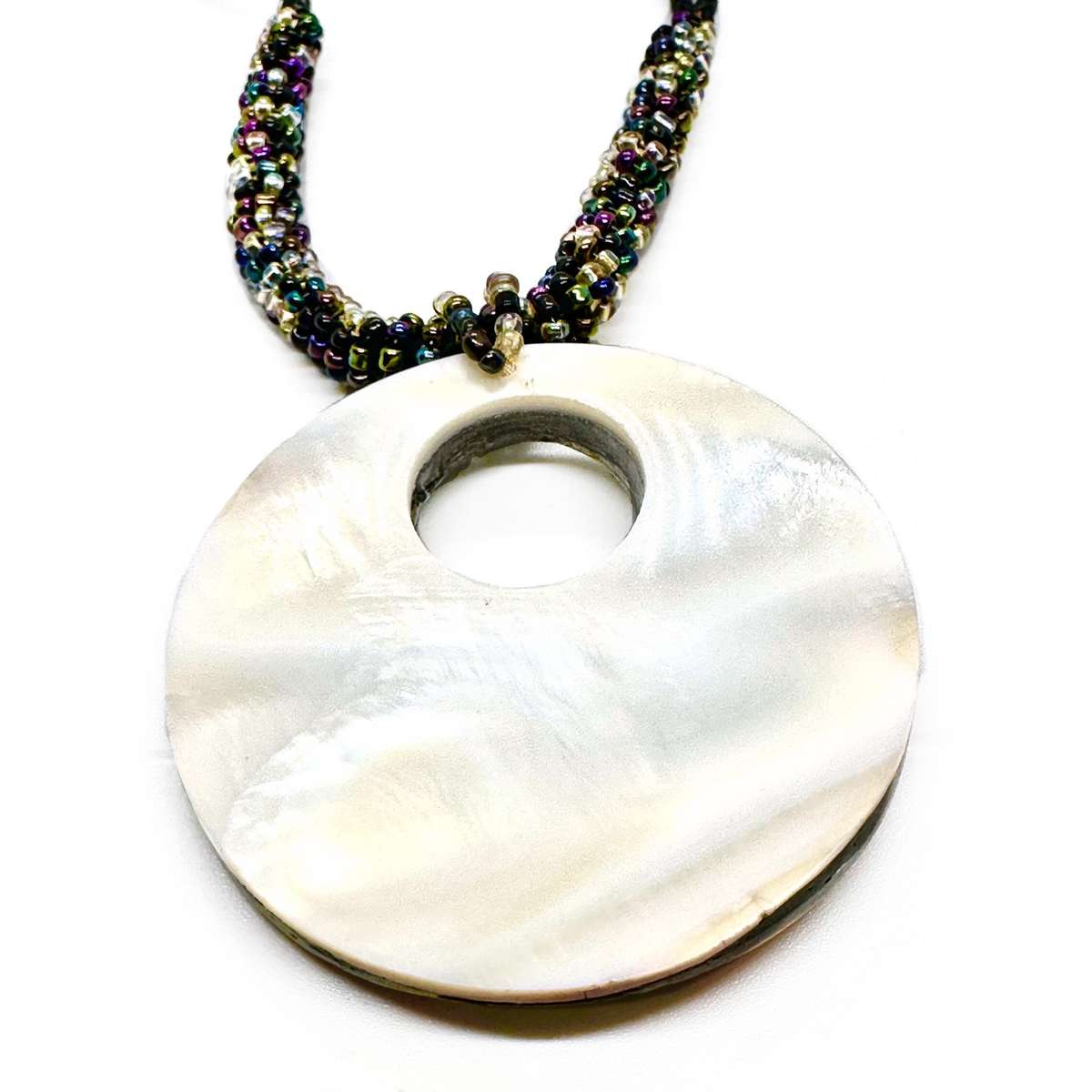 New Zealand Abalone Shell and Mother of Pearl with  Beadwork and Black Cord Handmade Necklace