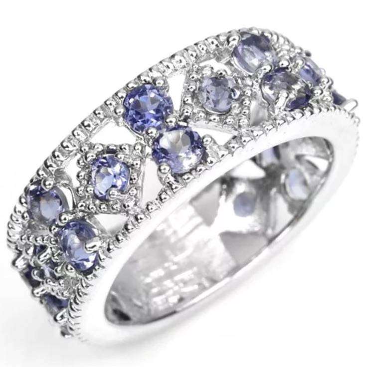 Natural Blue Violet Iolite Gemstones set in Solid .925 Sterling Silver 14K White Gold Ring Size US 8