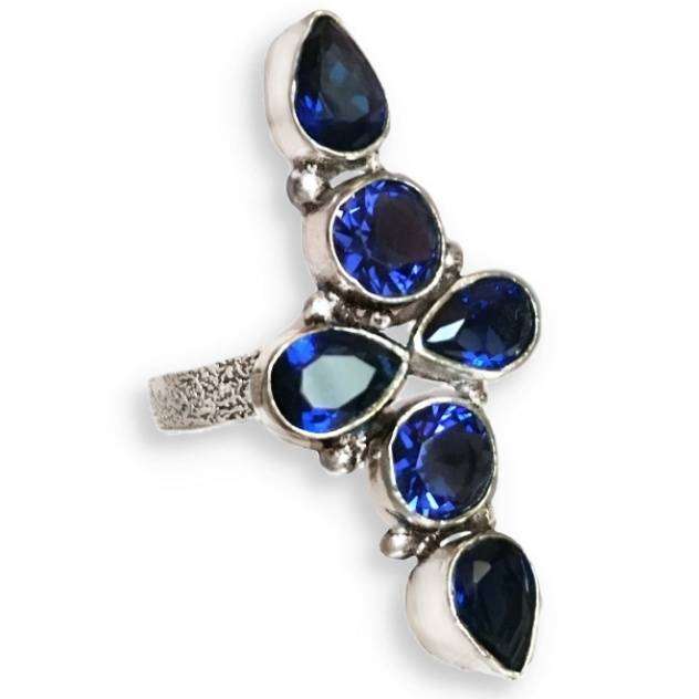 Mixed Shape Sapphire Quartz set in .925 Sterling Silver Plated Handmade Ring Size US 7.5 /  P