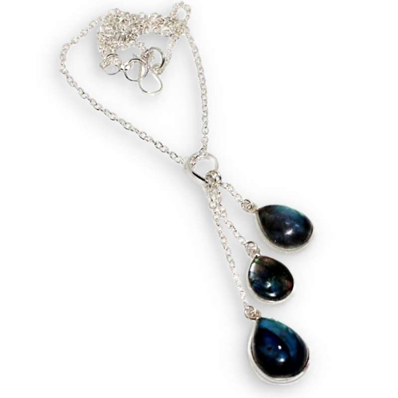 Natural Blue Fire Labradorite Pear Gemstones set in 925 Sterling Silver Plated Waterfall Necklace