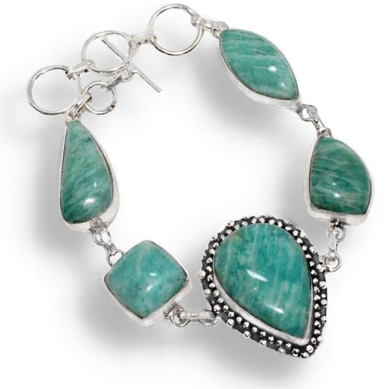Natural Peruvian Amazonite Mixed Shapes Gemstone at in  925 Sterling Silver Plated Handmade Bracelet