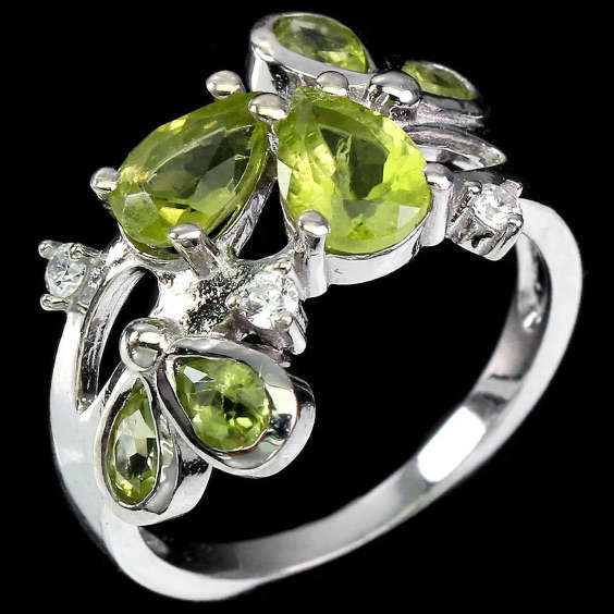 Deluxe Natural Unheated Peridot Gemstone in Solid .925 Sterling Silver 14K WG Ring Size US 7 / O