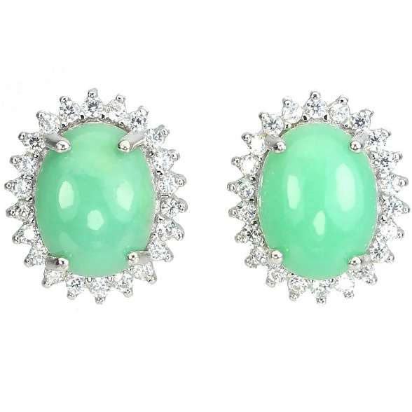 Natural Unheated Brazilian Chrysoprase & White CZ Gemstone Solid. 925 Silver 14K White Gold Earrings