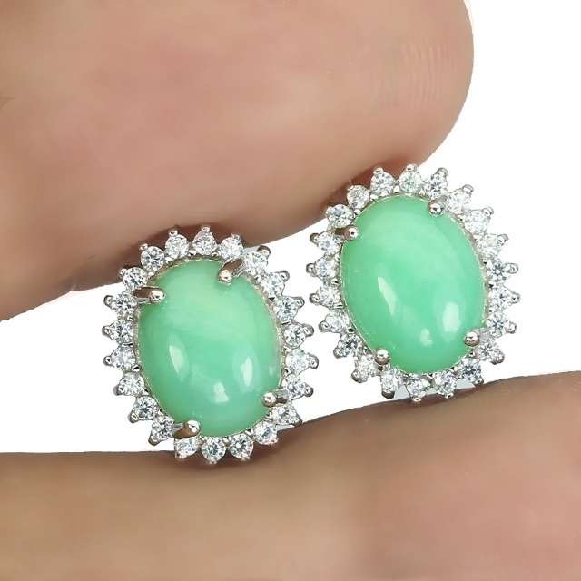 Natural Unheated Brazilian Chrysoprase & White CZ Gemstone Solid. 925 Silver 14K White Gold Earrings