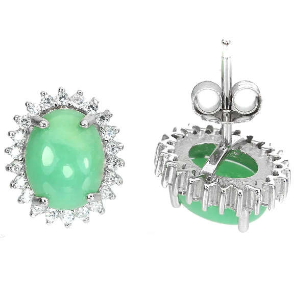 Natural Unheated Brazilian Chrysoprase & White CZ Gemstone Solid. 925 Silver 14K White Gold Earrings