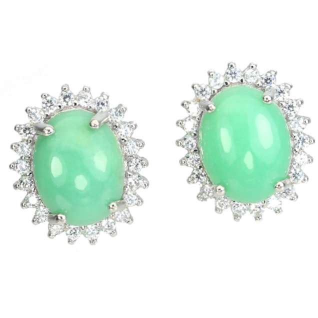 Natural Unheated Brazilian Chrysoprase & White CZ Gemstone Solid. 925 Silver 14K White Gold Earrings