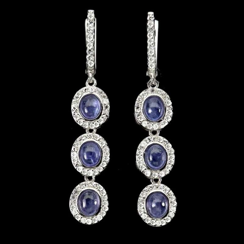 Rare Natural Unheated Tanzanite White Cubic Zirconia Solid .925 Silver & White Gold Earrings