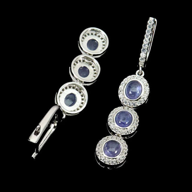 Rare Natural Unheated Tanzanite White Cubic Zirconia Solid .925 Silver & White Gold Earrings
