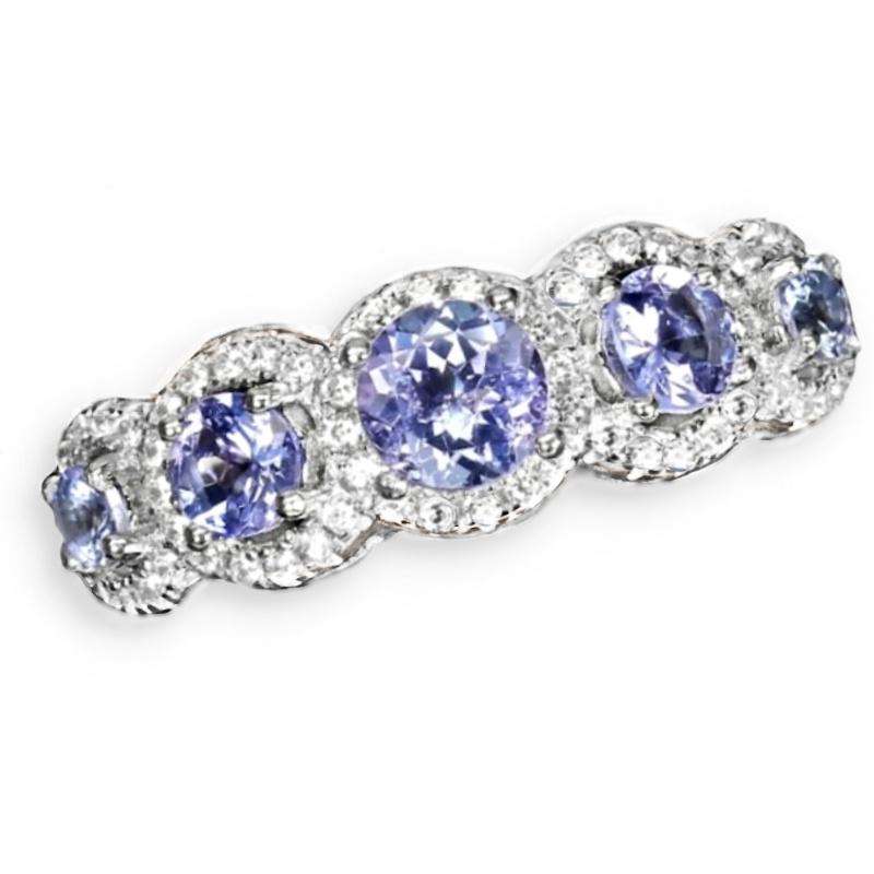 Natural Unheated Tanzanite and AAA White Cubic Zirconia Ring in Solid .925 Silver Size US 8 /Q