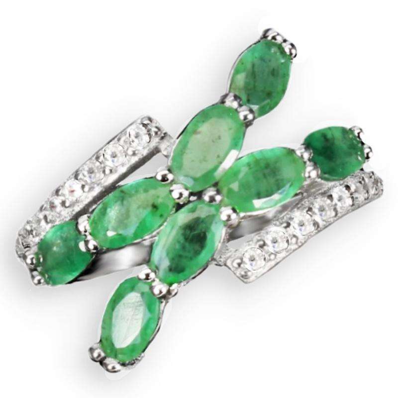 Natural Brazilian Emerald Ovals AAA White Cubic Zirconia in Solid .925 Silver 14K W/Gold Ring 7/O