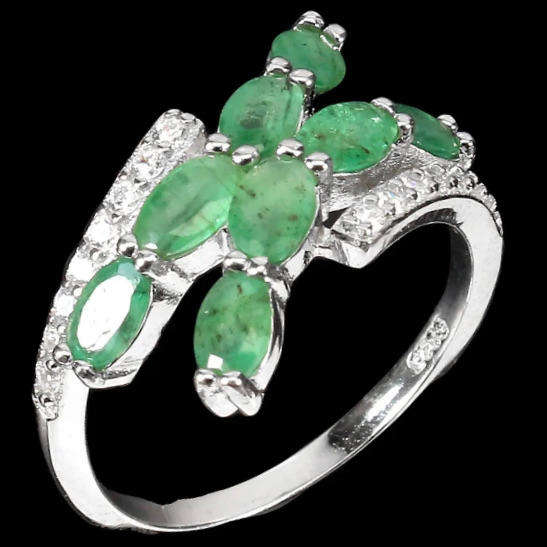 Natural Brazilian Emerald Ovals AAA White Cubic Zirconia in Solid .925 Silver 14K W/Gold Ring 7/O