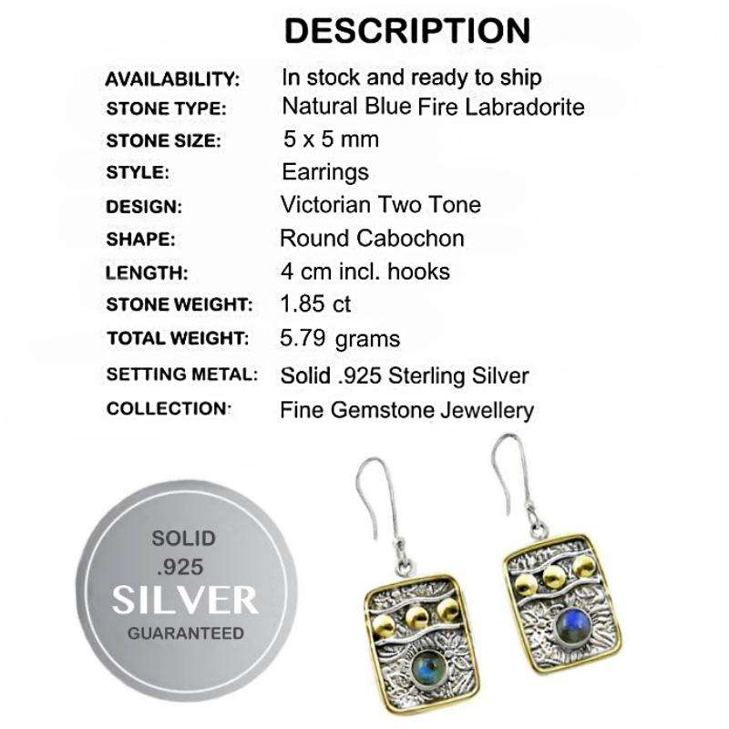 Two Tone Natural Blue Fire Labradorite Round Gems in Solid .925 Sterling Silver Rectangle Earrings
