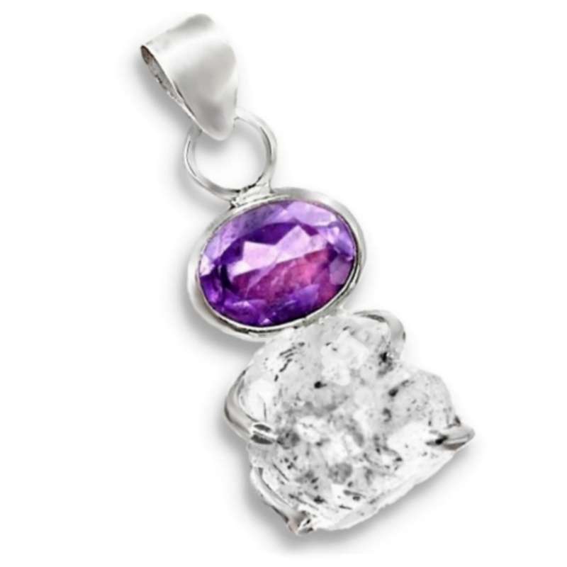 Natural Herkimer Diamond and Purple Amethyst Gemstone set in Solid .925 Sterling Silver Pendant