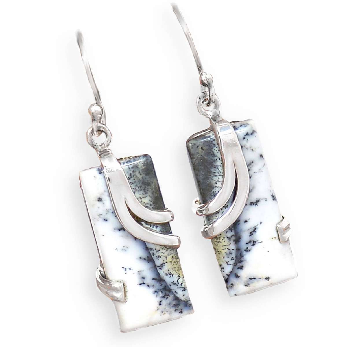 Natural Merlinite Dendritic Opal Rectangle Shape Gemstone set in Solid. 925 Sterling Silver Earrings