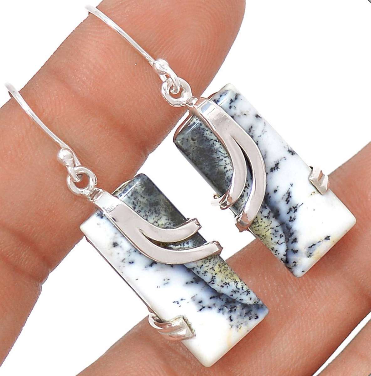 Natural Merlinite Dendritic Opal Rectangle Shape Gemstone set in Solid. 925 Sterling Silver Earrings