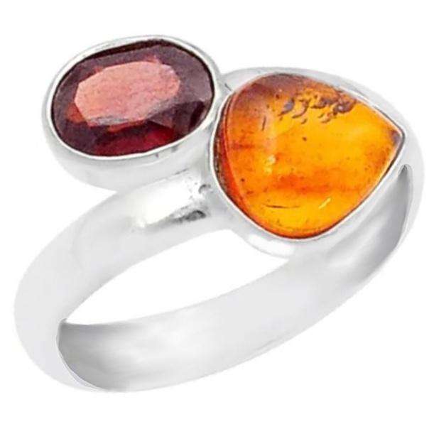 Natural Garnet and Baltic Amber set in Solid .925 Sterling Silver Ring Size US 8.5 / Q1/2 Adjustable