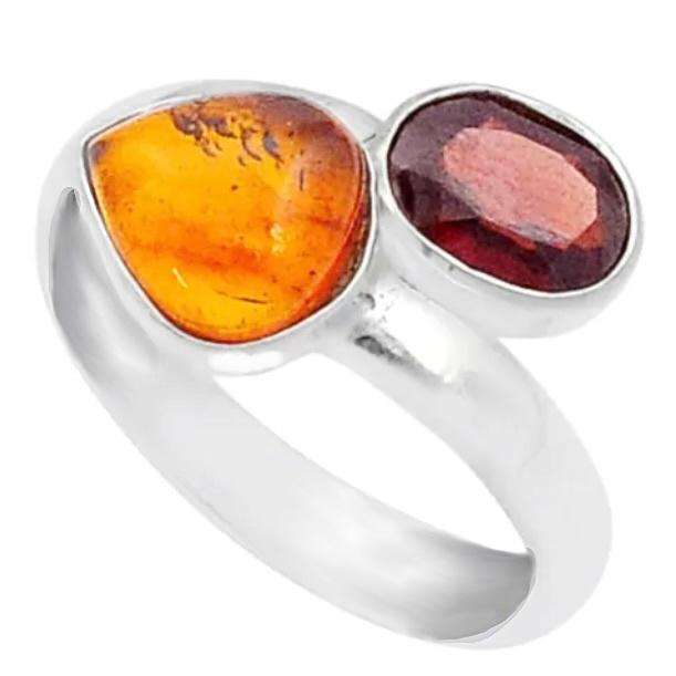 Natural Garnet and Baltic Amber set in Solid .925 Sterling Silver Ring Size US 8.5 / Q1/2 Adjustable