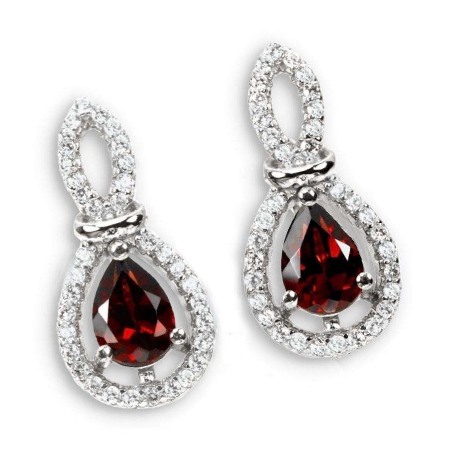 Natural Deep Red Garnet AAA White CZ Gemstone in Solid .925 Sterling Silver 14K W/Gold Earrings