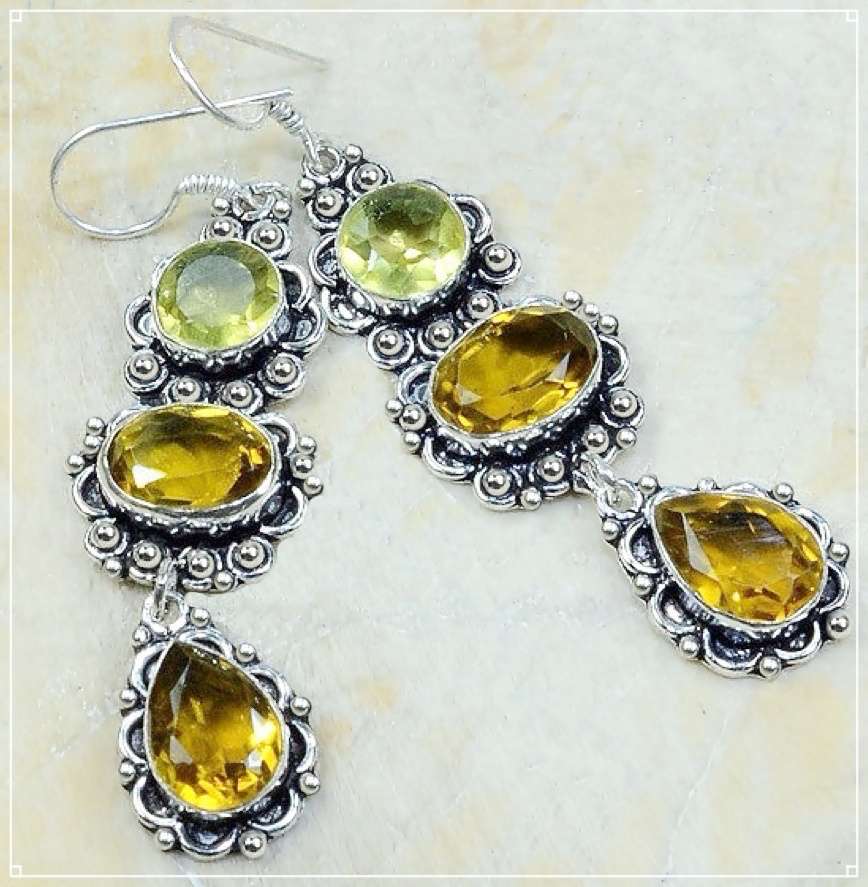 Lemon and Golden Citrine Mixed Shape Gemstone .925 Sterling Silver Plated Handmade Earrings