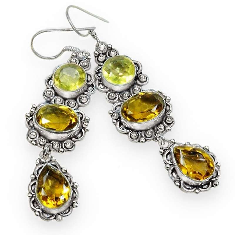 Lemon and Golden Citrine Mixed Shape Gemstone .925 Sterling Silver Plated Handmade Earrings