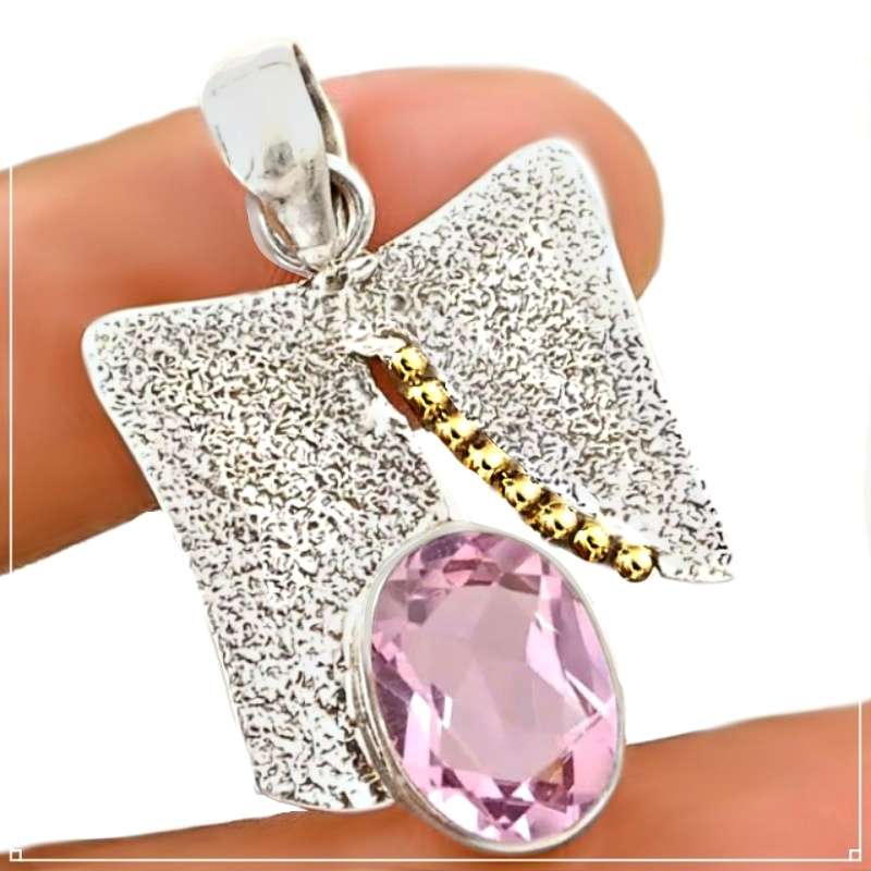 Two Tone 6 cts Pink Kunzite Facet Cut Oval  in Solid .925 Sterling Silver Modern Set Pendant