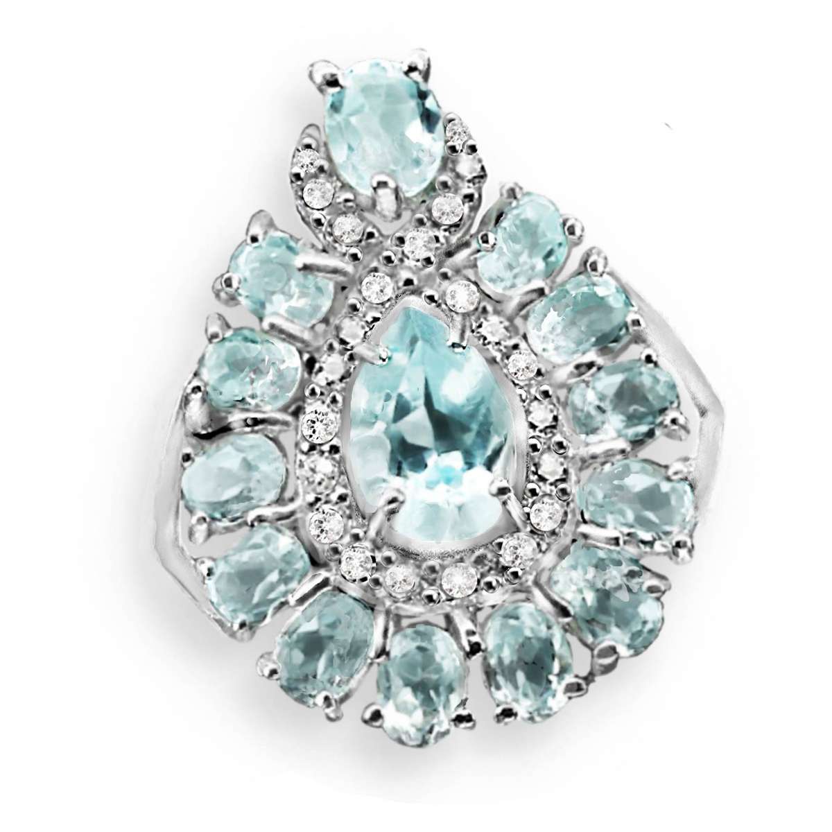 Deluxe 14 Natural Sky Blue Topaz, White Cubic Zirconia  Gemstone  Solid .925 Silver Size 6.5 or N