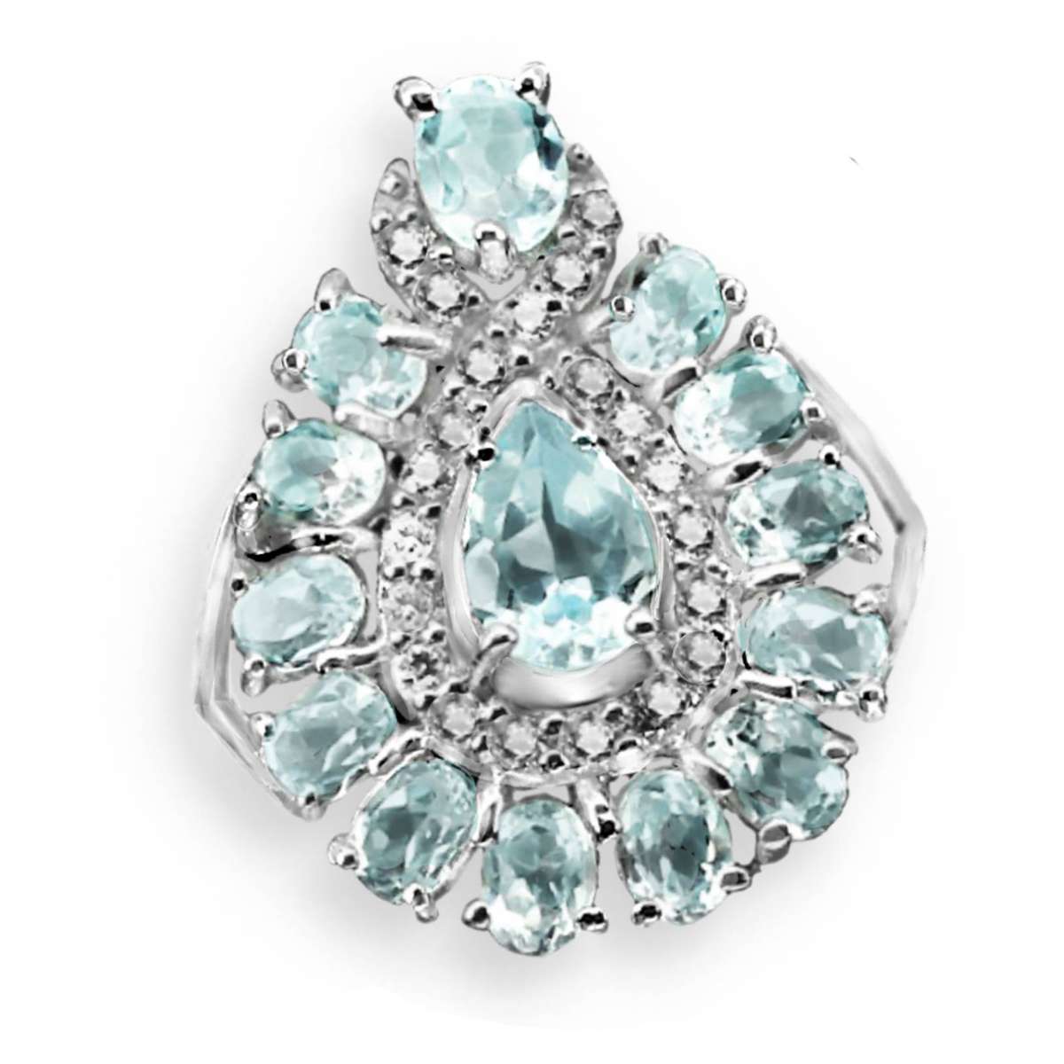 Deluxe 14 Natural Sky Blue Topaz, White Cubic Zirconia  Gemstone  Solid .925 Silver Size 6.5 or N