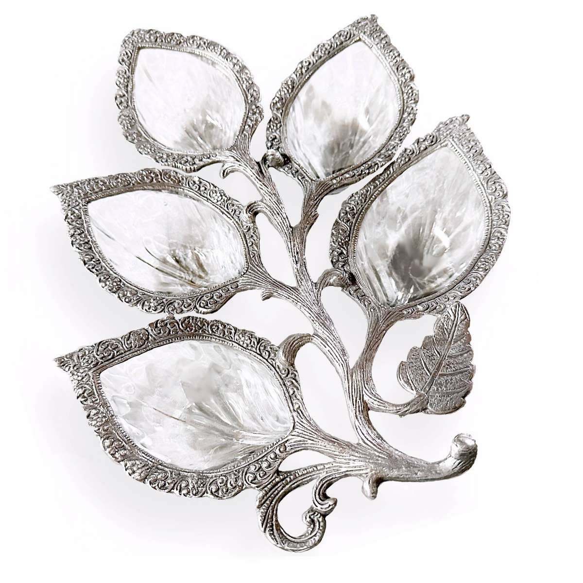 Vintage Details in Silver with 5 Glass Leaves Segmented Snack Bowl or Decorative Bowl