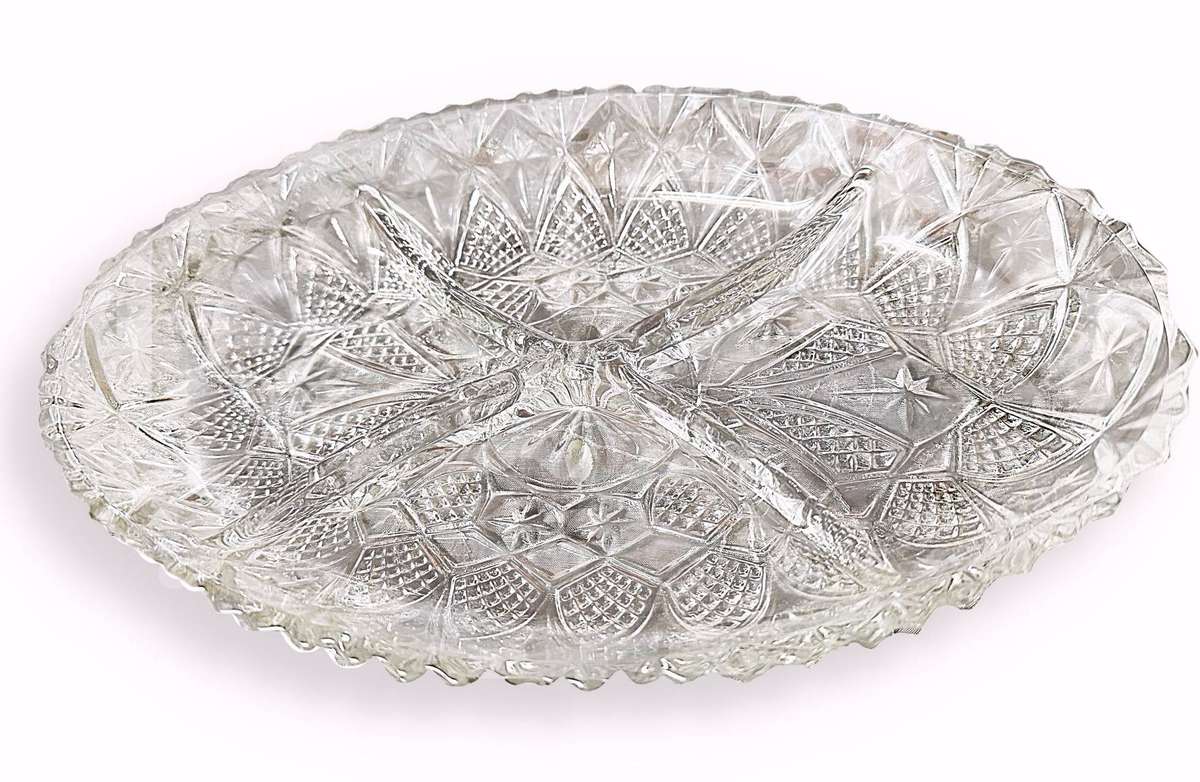 28 x 18 cm Elegant Oval Crystal Cut Glass Segmented Snack Bowl- Practically new