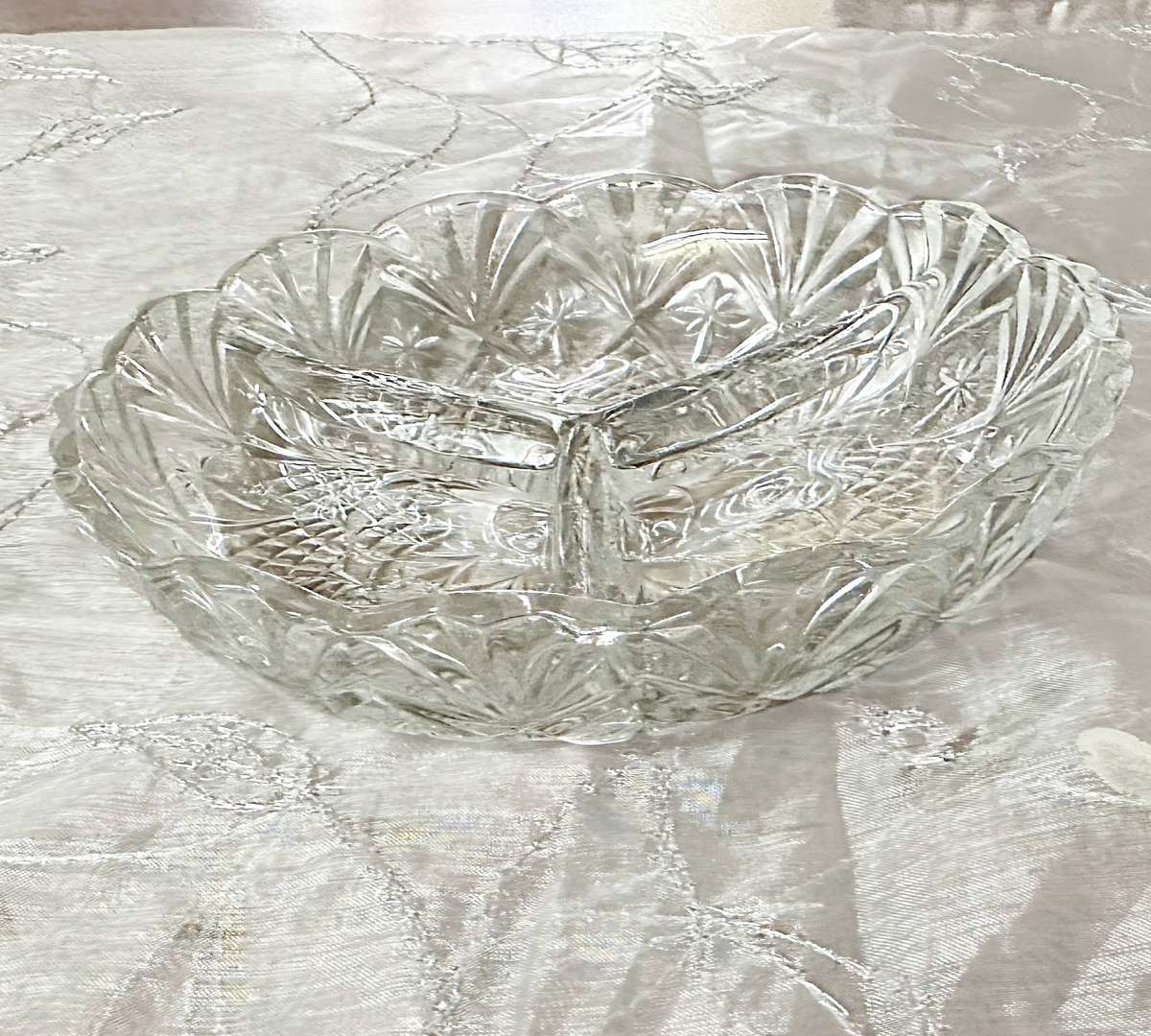 14 cm Round Crystal Cut Glass 3 Segments Snack Bowl- Practically new