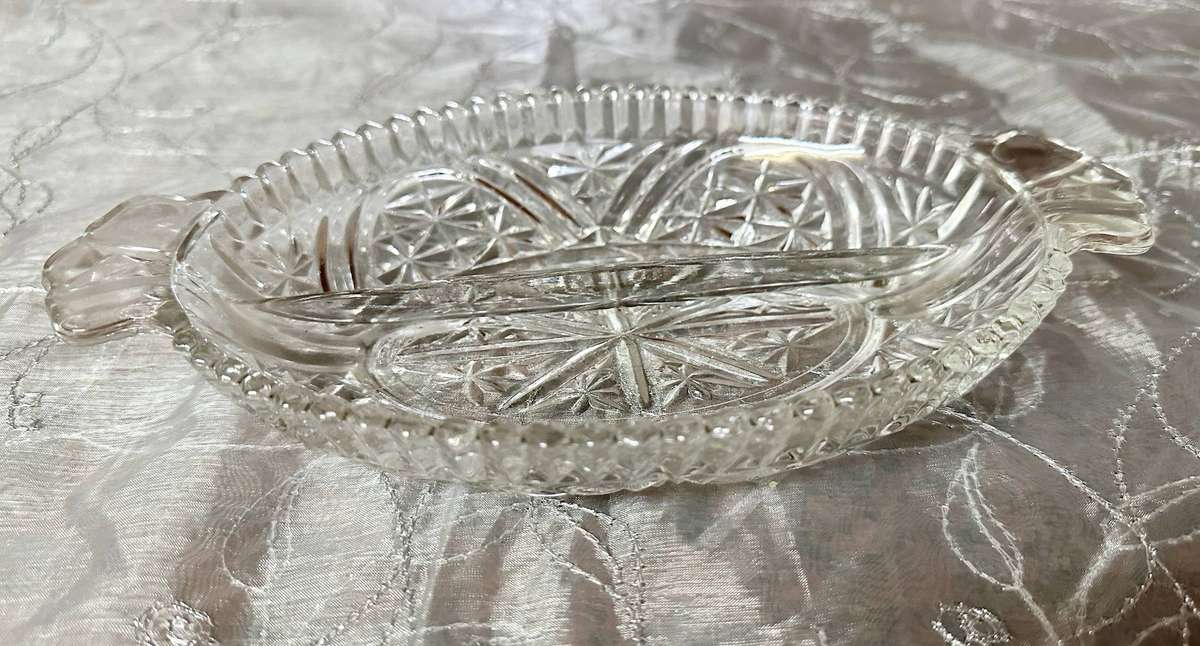 26 x 16 cm Oval Crystal Cut Glass 2 Segments Snack Bowl- Practically new
