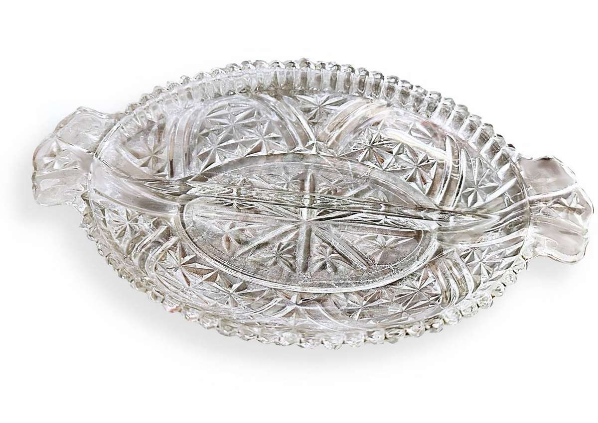 26 x 16 cm Oval Crystal Cut Glass 2 Segments Snack Bowl- Practically new