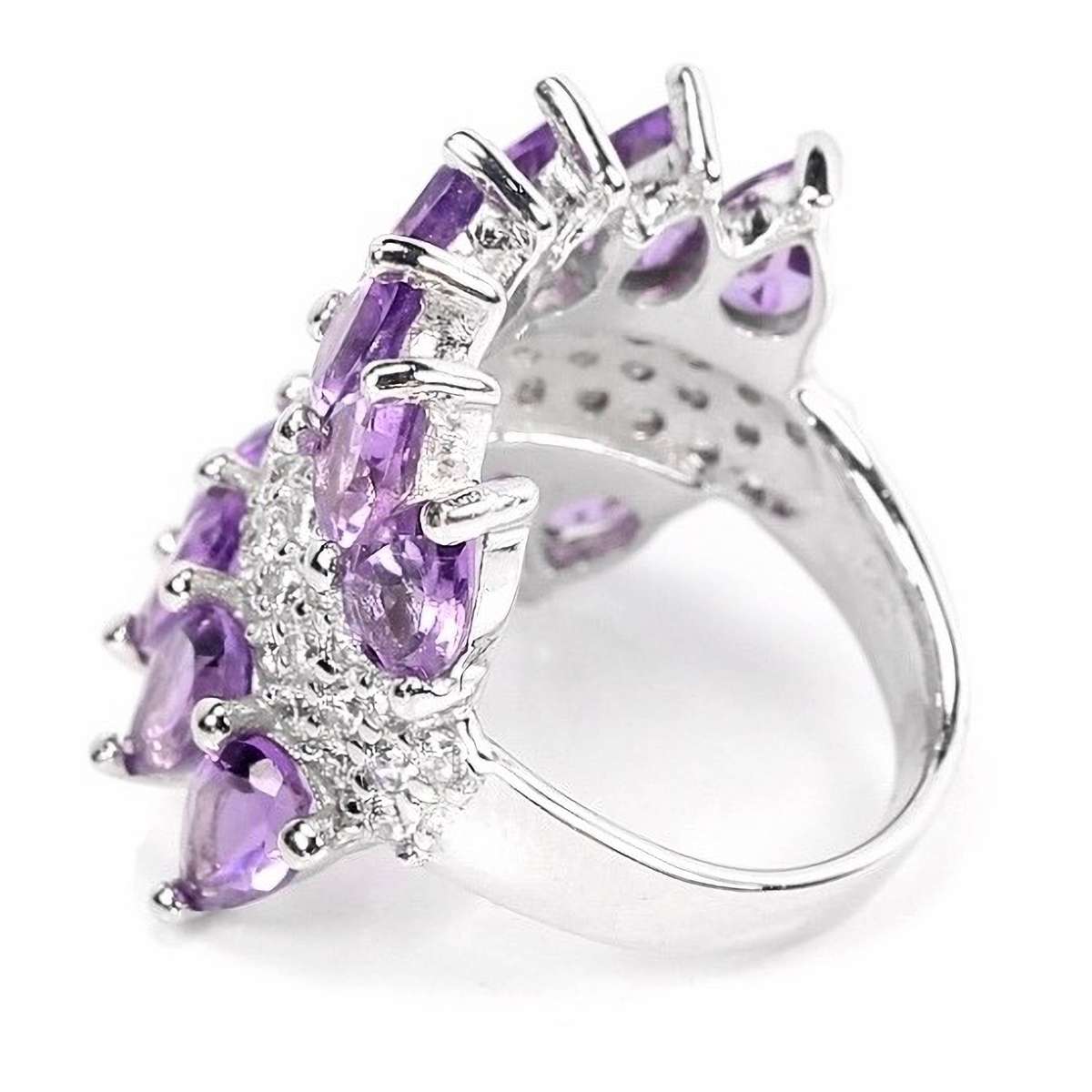 14 Brilliant Natural Purple Amethyst, AAA White CZ  in Solid .925 Silver Ring Size 5.75 or L1/2 -M