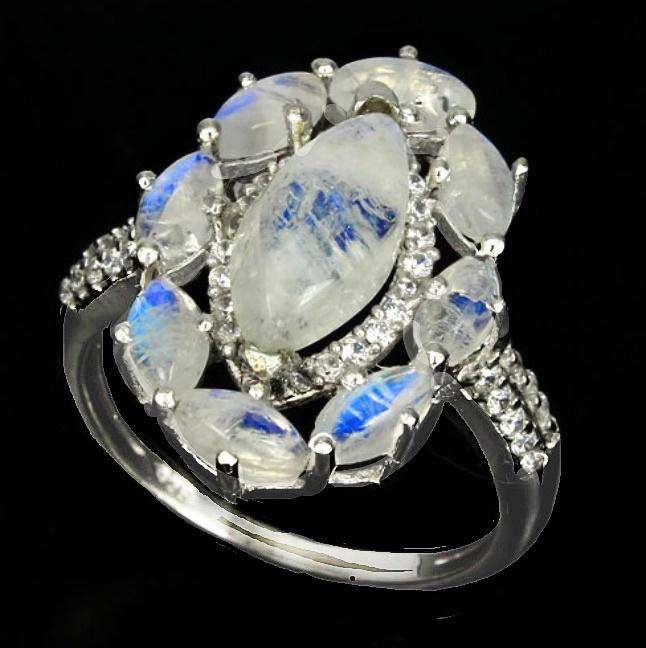 Deluxe Natural Blue Schiller Moonstone, White Cubic Zirconia Solid .925 Silver Ring Size US 8 / Q