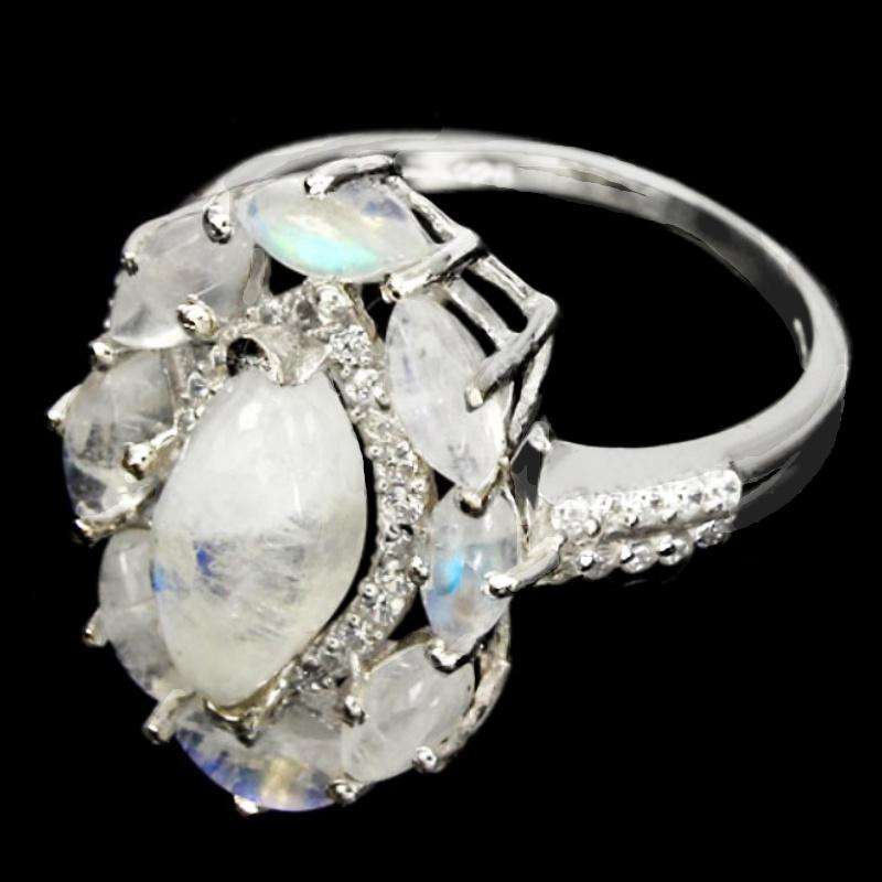 Deluxe Natural Blue Schiller Moonstone, White Cubic Zirconia Solid .925 Silver Ring Size US 8 / Q