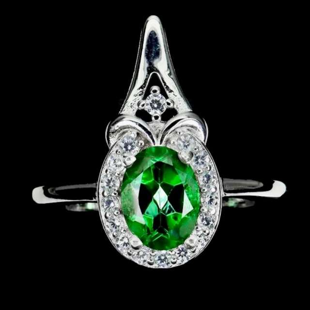 Exotic Natural Brazilian Green Topaz White CZ Solid .925 Sterling Silver 14k White Gold Ring Size 8