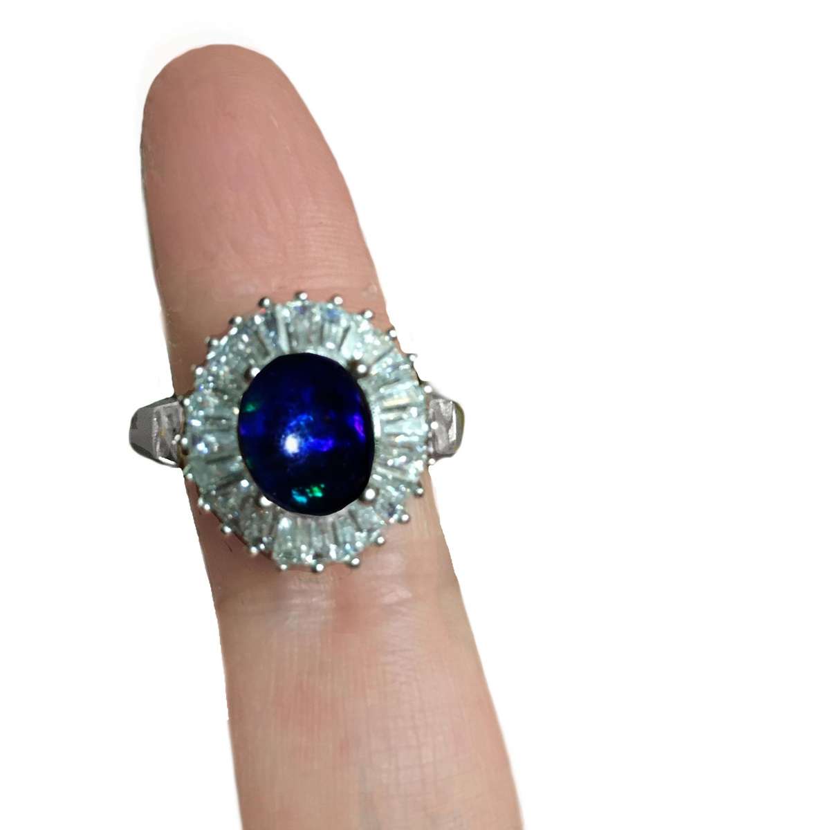 Natural Full Flash Black Fire Opal and White CZ Baguettes in Solid .925 Sterling Silver Ring Sz 8/Q