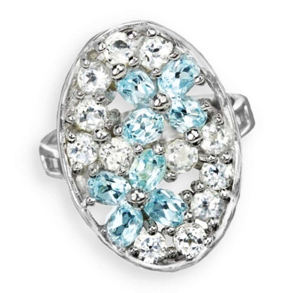 Natural Sky Blue Topaz, White Cubic Zirconia Gemstone in Solid .925 Sterling Silver Ring Size 7.75