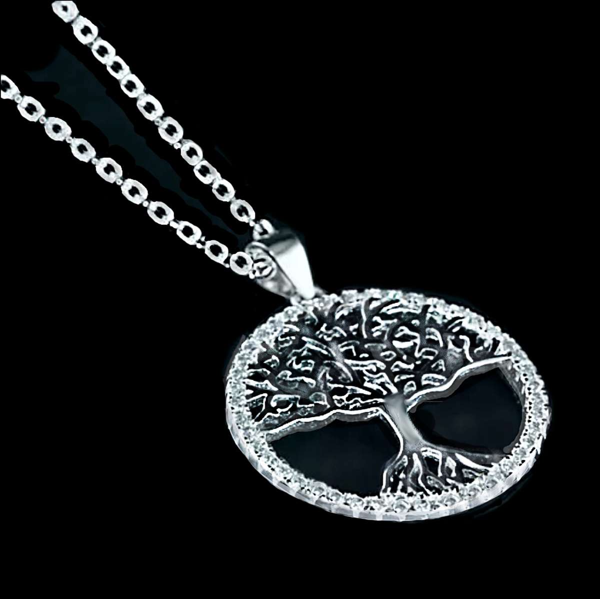 Deluxe White Cubic Zirconia Tree of Life set in Solid .925 Sterling Silver 14K White Gold Necklace