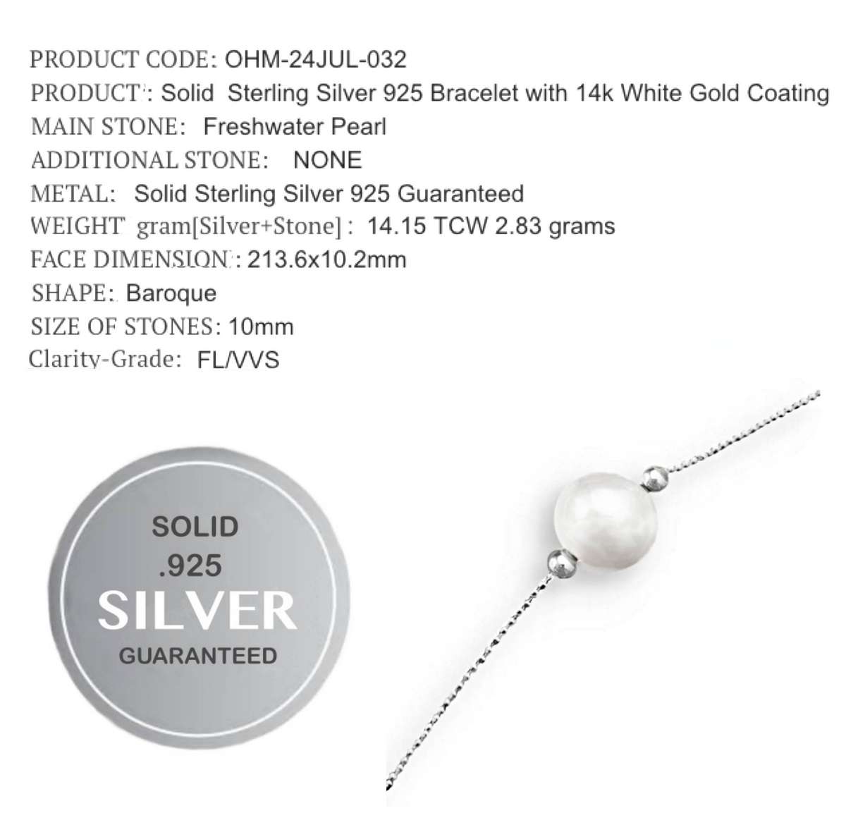 10 mm Natural White Pearl set in Solid. 925 Sterling Silver 14K White Gold Bracelet