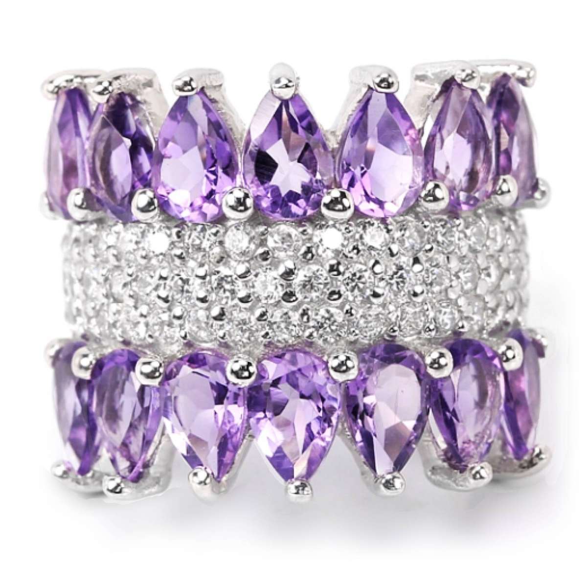 14 Brilliant Natural Purple Amethyst, AAA White CZ  in Solid .925 Silver Ring Size 5.75 or L1/2 -M