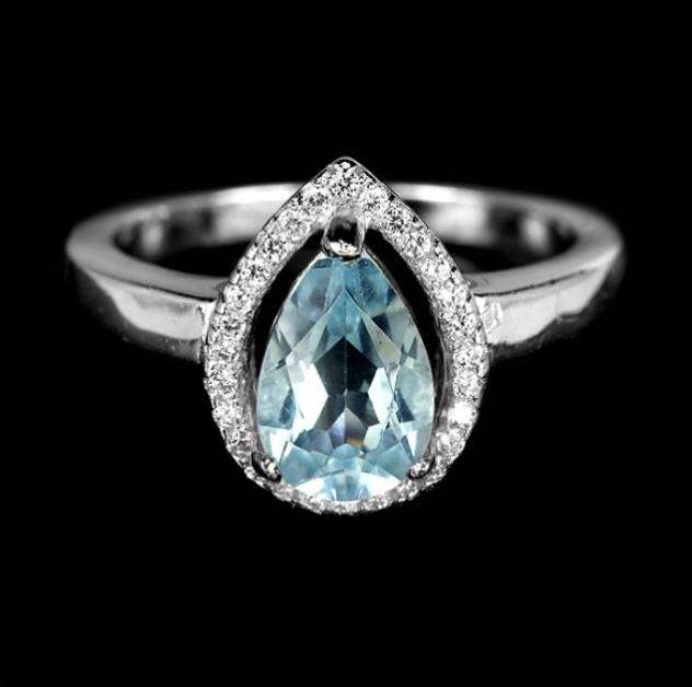 Natural Sky Blue Topaz CZ in Solid .925 Sterling Silver 14K White Gold Ring Size 6.5 / N