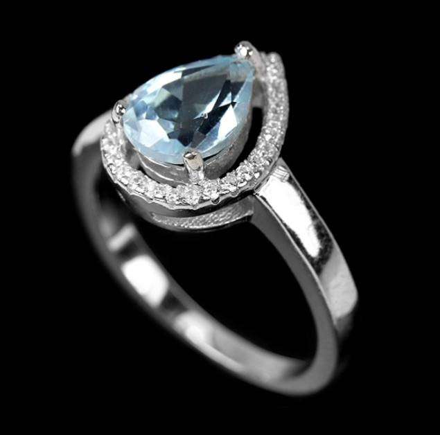 Natural Sky Blue Topaz CZ in Solid .925 Sterling Silver 14K White Gold Ring Size 6.5 / N