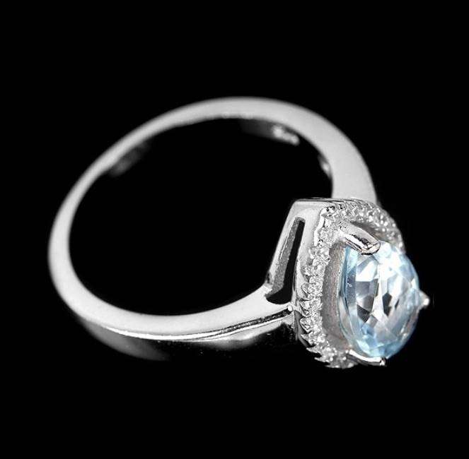 Natural Sky Blue Topaz CZ in Solid .925 Sterling Silver 14K White Gold Ring Size 6.5 / N