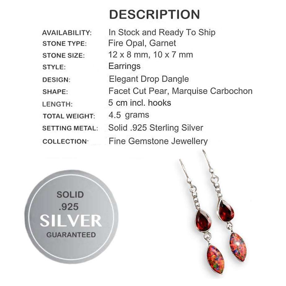 Natural Mozambique Garnet and Fire Opal Gemstones set in Solid .925 Sterling Silver Earrings