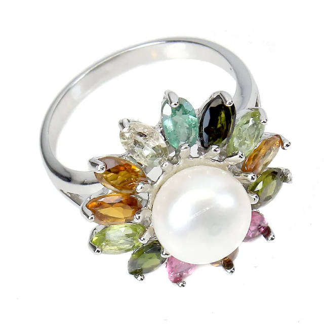 Natural Unheated Muli Tourmaline Ovals and  White Pearl in Solid. 925 Sterling Silver Ring Size US 9